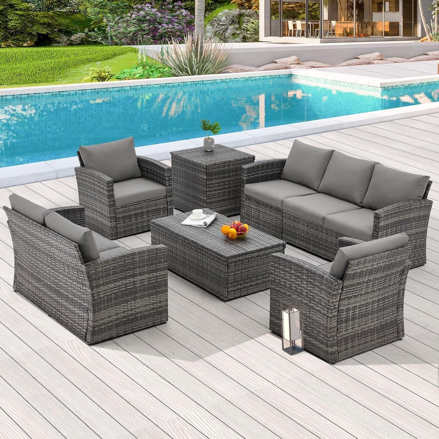 AECOJOY 7 PCS Outdoor Patio Furniture Sets with 2 Storage Boxes, Grey