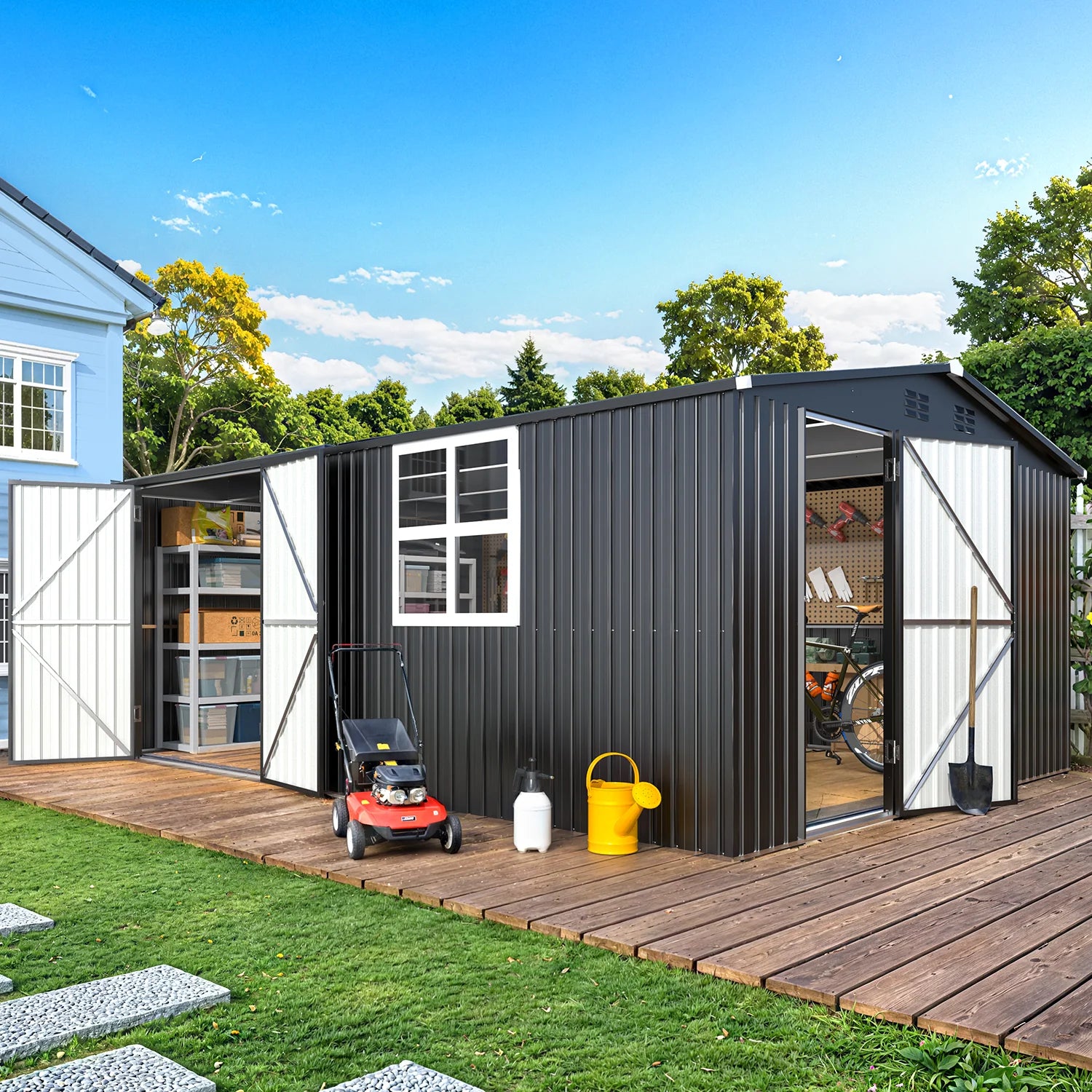 AECOJOY 16' x 12' Outdoor Storage Shed, Large 12x16 Metal Sheds with Windows, Utility Tool Storage