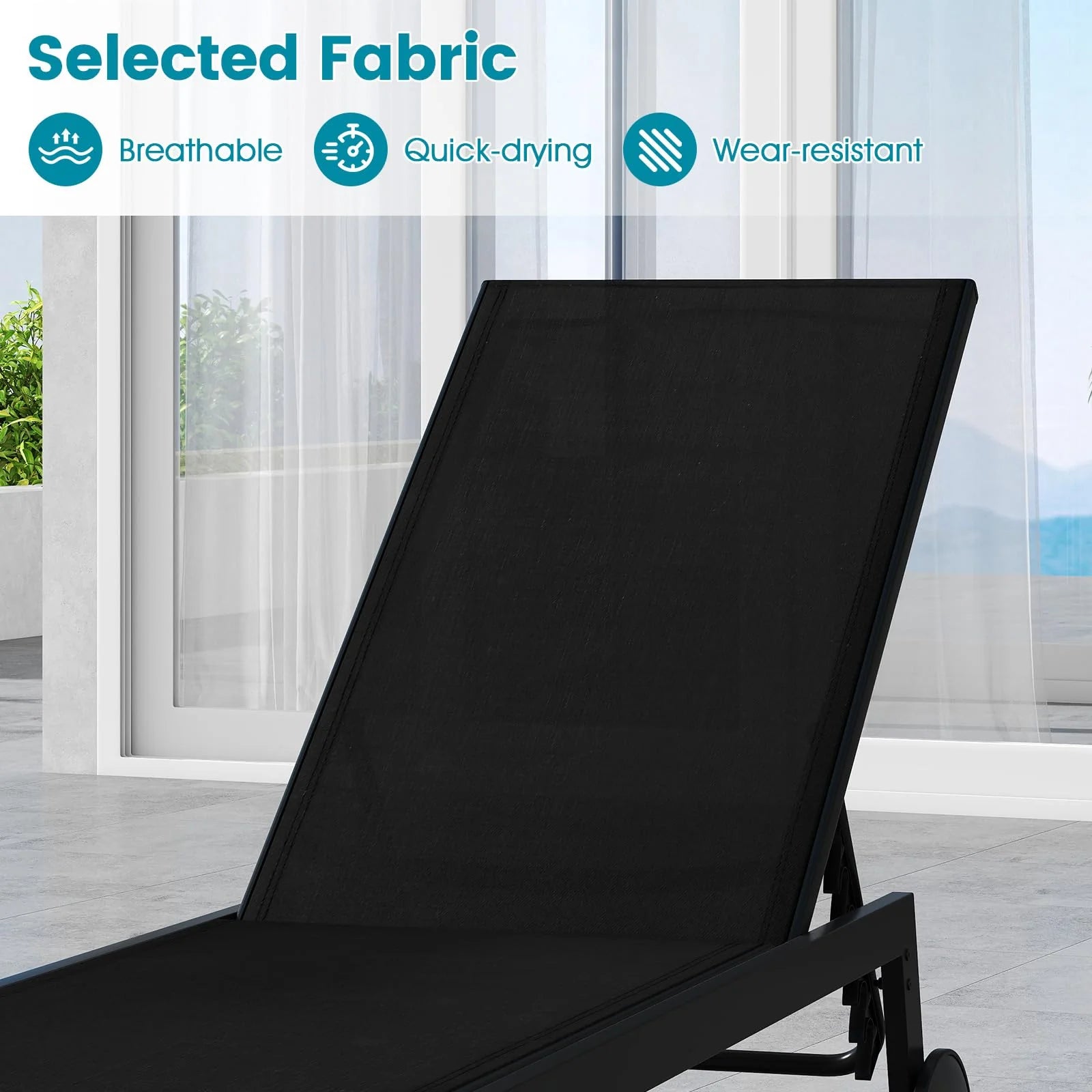Tangkula Lounge Chair Outdoor with Wheels, Patio Chaise Lounge with 6-Level Adjustable Backrest(2,Black)