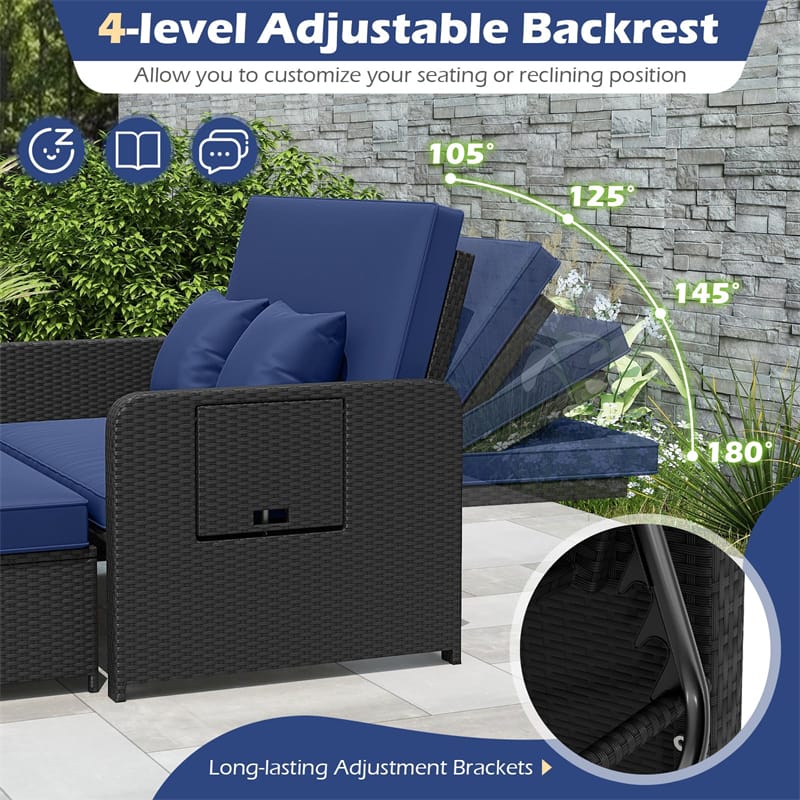 Patio Rattan Daybed Outdoor Wicker Loveseat Sofa with 4-Level Adjustable Backrest, Storage Ottoman, Retractable Tray & Cushions for Backyard