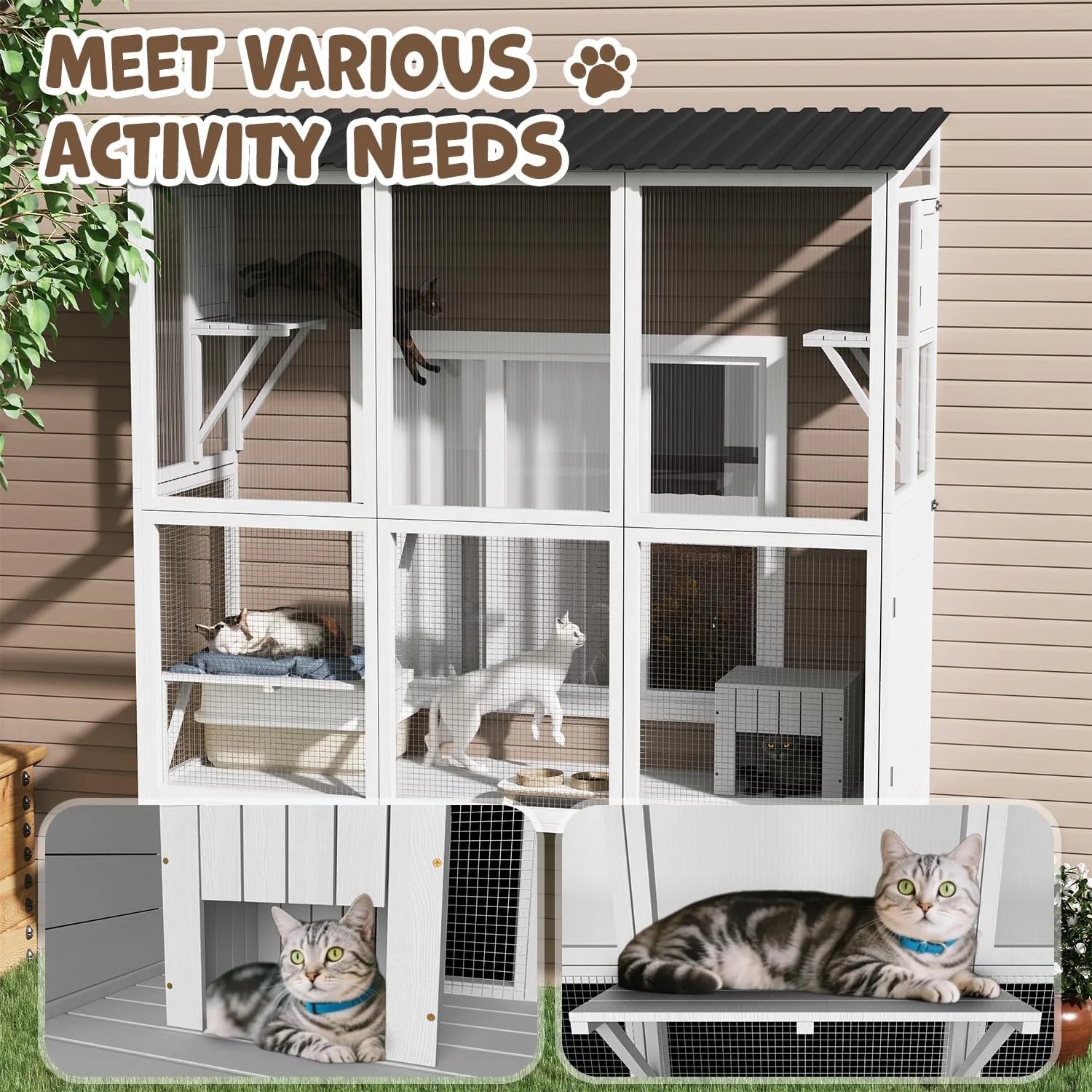 AECOJOY Catio Outdoor Cat Enclosure with Window Access, Large Window Catio Wood Cat House with 4 Platforms & 3 Doors