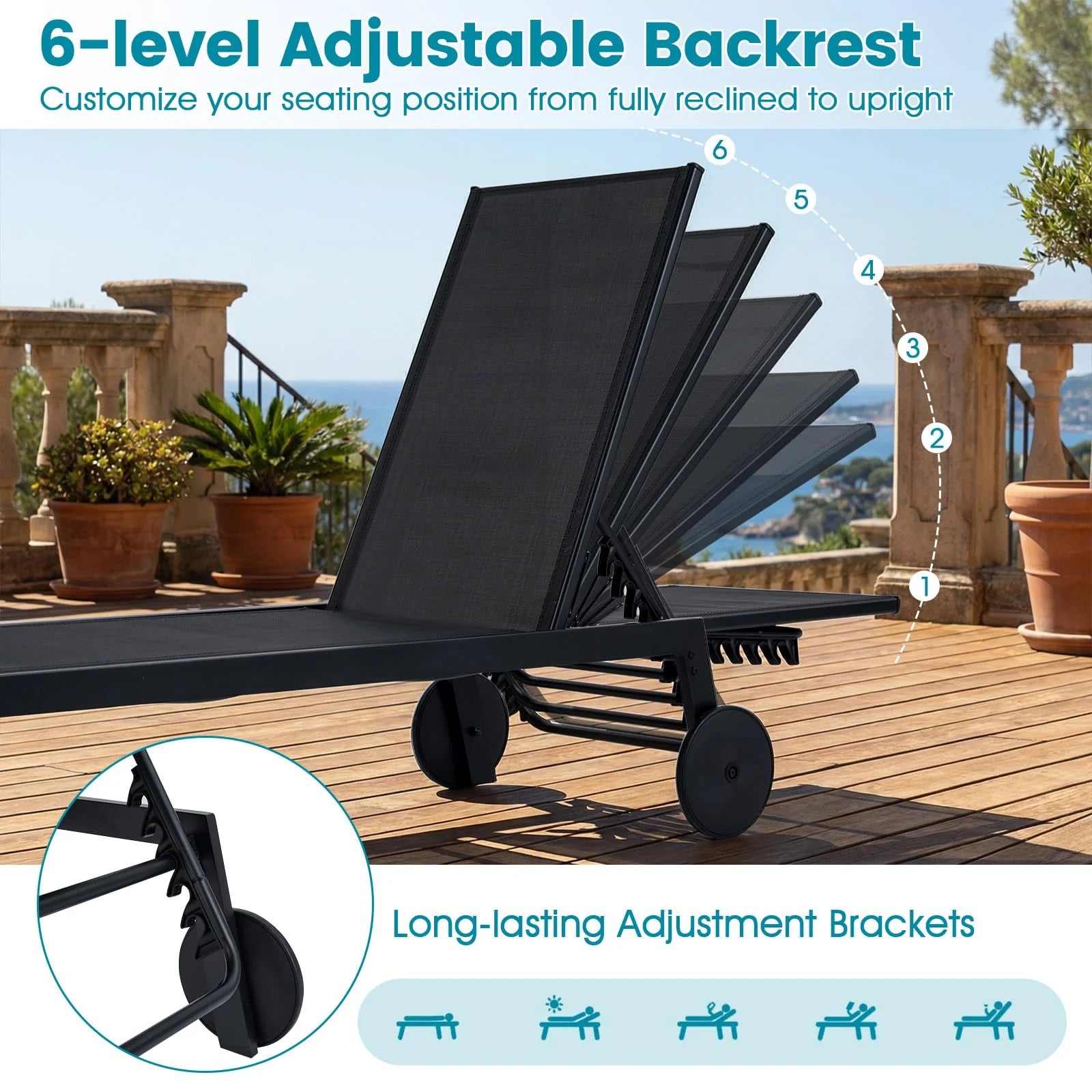 Tangkula Lounge Chair Outdoor with Wheels, Patio Chaise Lounge with 6-Level Adjustable Backrest(2,Black)