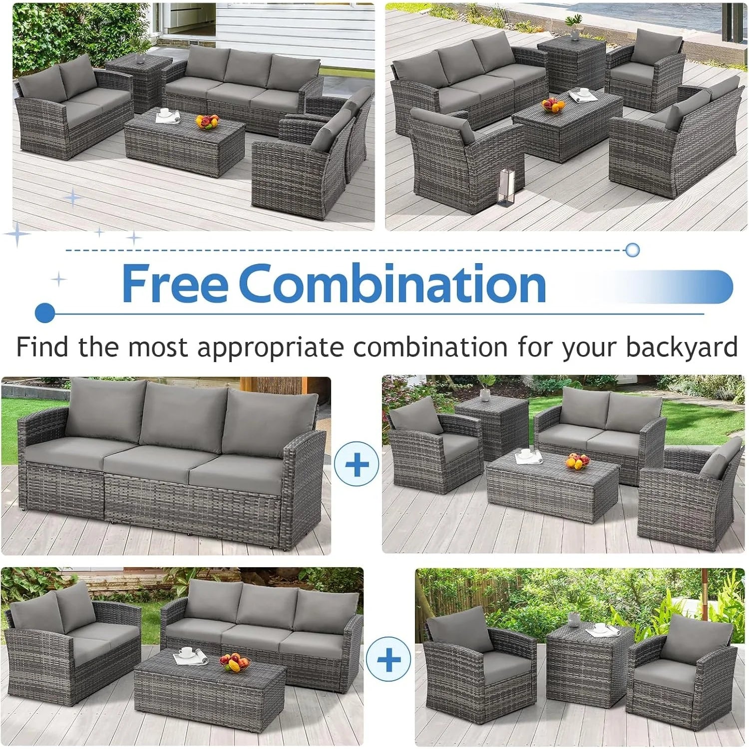 AECOJOY 7 PCS Outdoor Patio Furniture Sets with 2 Storage Boxes, Grey