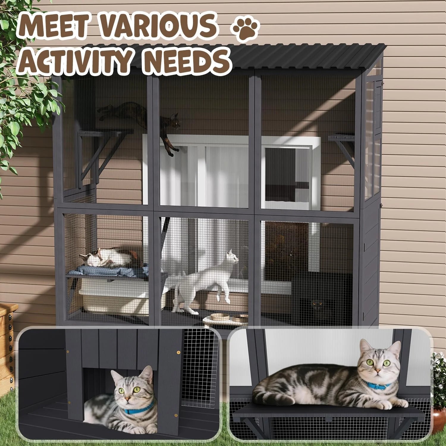 AECOJOY Catio Outdoor Cat Enclosure with Window Access, Large Window Catio Wood Cat House with 4 Platforms & 3 Doors