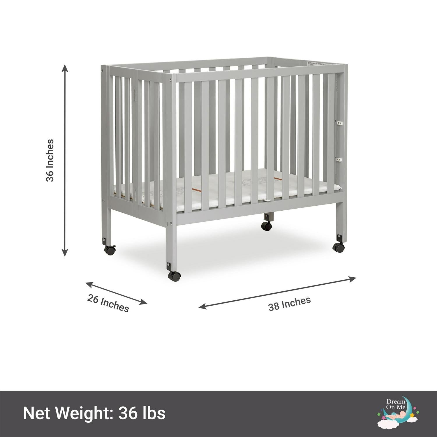 Dream on Me Jett Non - Full Size Folding Crib I Removable Wheels I Modern Nursey I Adjustable Mattress Support I Patent Folding System I Included 2.5 Mattress in Pebble Gray