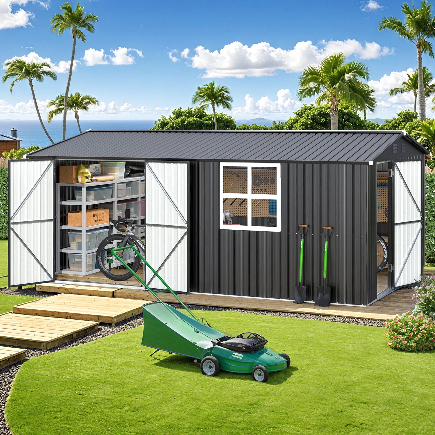 AECOJOY 16' x 12' Outdoor Storage Shed, Large 12x16 Metal Sheds with Windows, Utility  Tool Storage