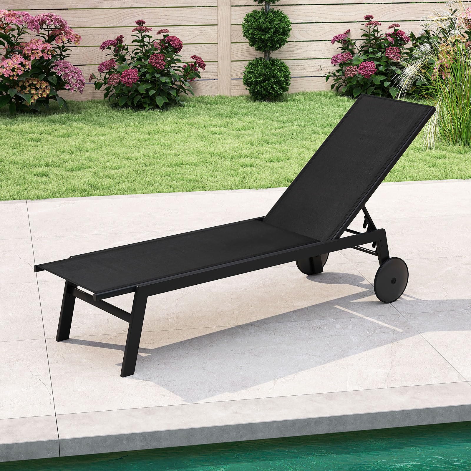 Tangkula Lounge Chair Outdoor with Wheels, Patio Chaise Lounge with 6-Level Adjustable Backrest(2,Black)