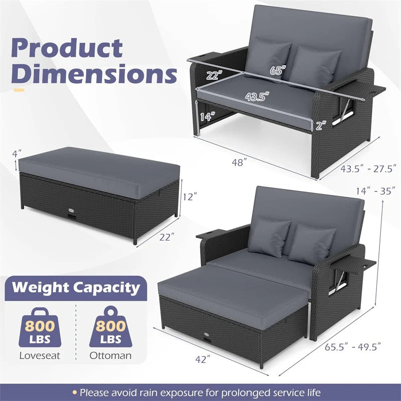 Patio Rattan Daybed Outdoor Wicker Loveseat Sofa with 4-Level Adjustable Backrest, Storage Ottoman, Retractable Tray & Cushions for Backyard