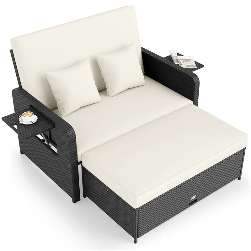 Patio Rattan Daybed Outdoor Wicker Loveseat Sofa with 4-Level Adjustable Backrest, Storage Ottoman, Retractable Tray & Cushions for Backyard