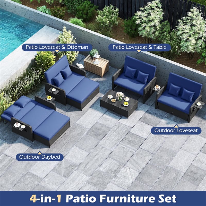 Patio Rattan Daybed Outdoor Wicker Loveseat Sofa with 4-Level Adjustable Backrest, Storage Ottoman, Retractable Tray & Cushions for Backyard