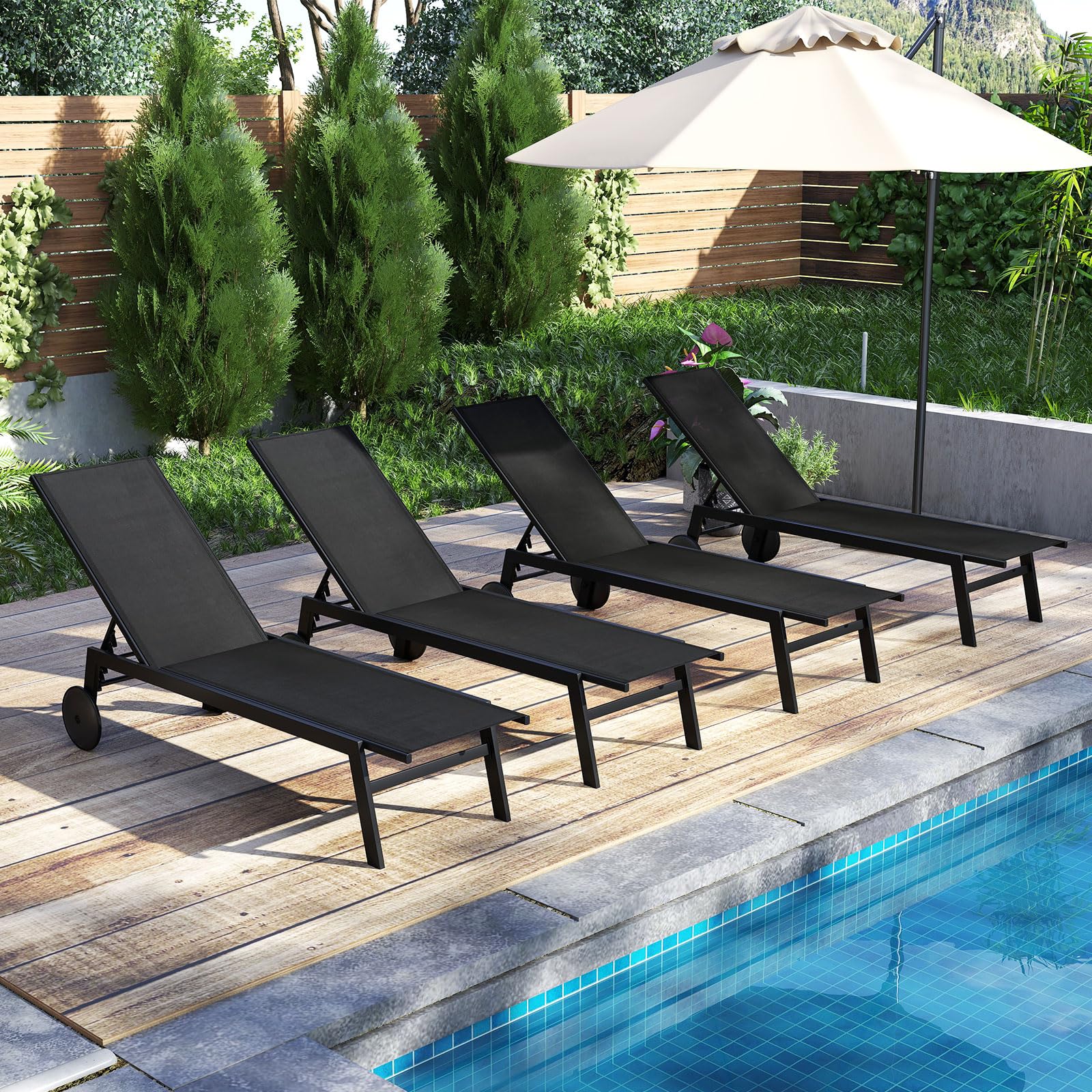 Tangkula Lounge Chair Outdoor with Wheels, Patio Chaise Lounge with 6-Level Adjustable Backrest(2,Black)