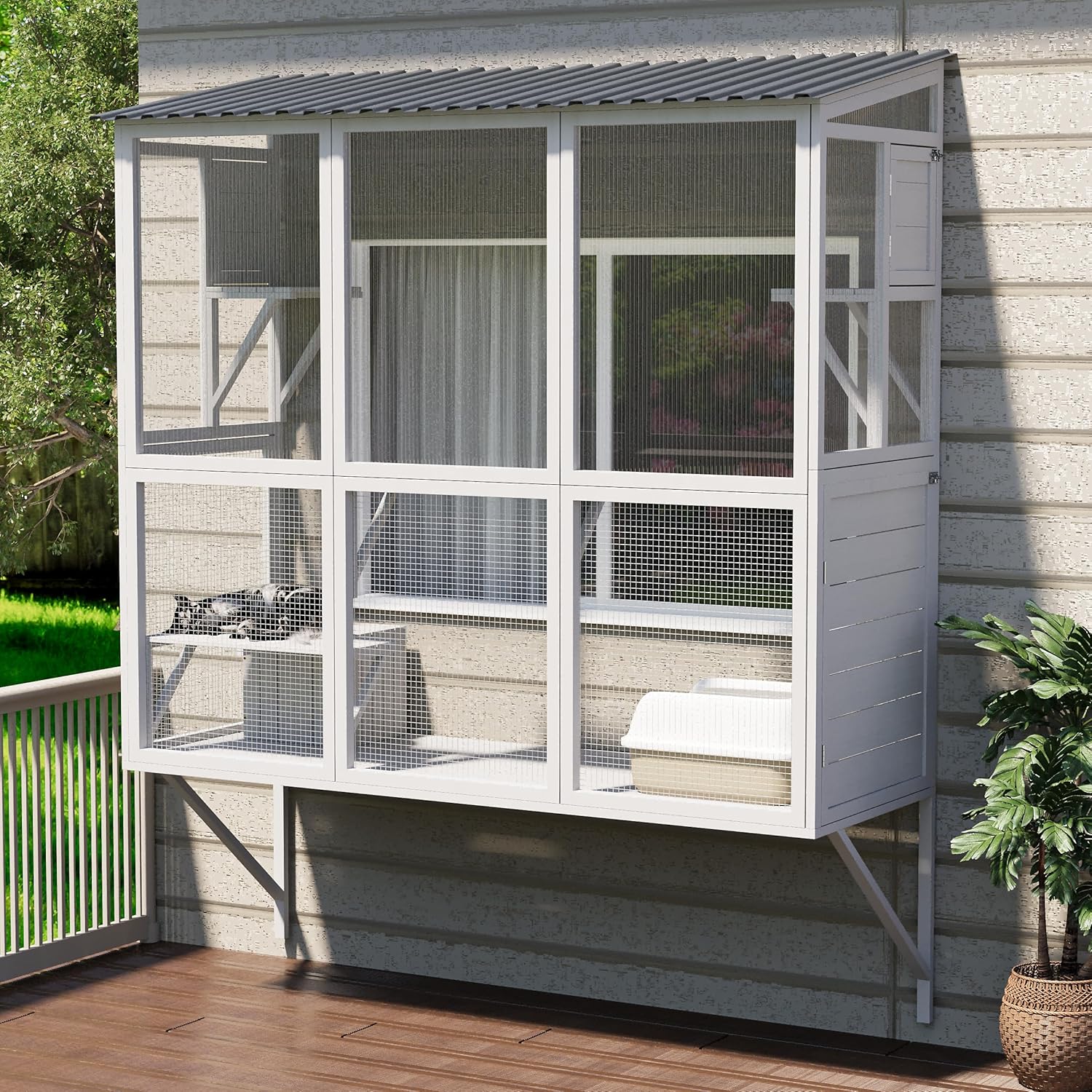 AECOJOY Catio Outdoor Cat Enclosure with Window Access, Large Window Catio Wood Cat House with 4 Platforms & 3 Doors