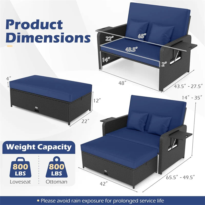 Patio Rattan Daybed Outdoor Wicker Loveseat Sofa with 4-Level Adjustable Backrest, Storage Ottoman, Retractable Tray & Cushions for Backyard