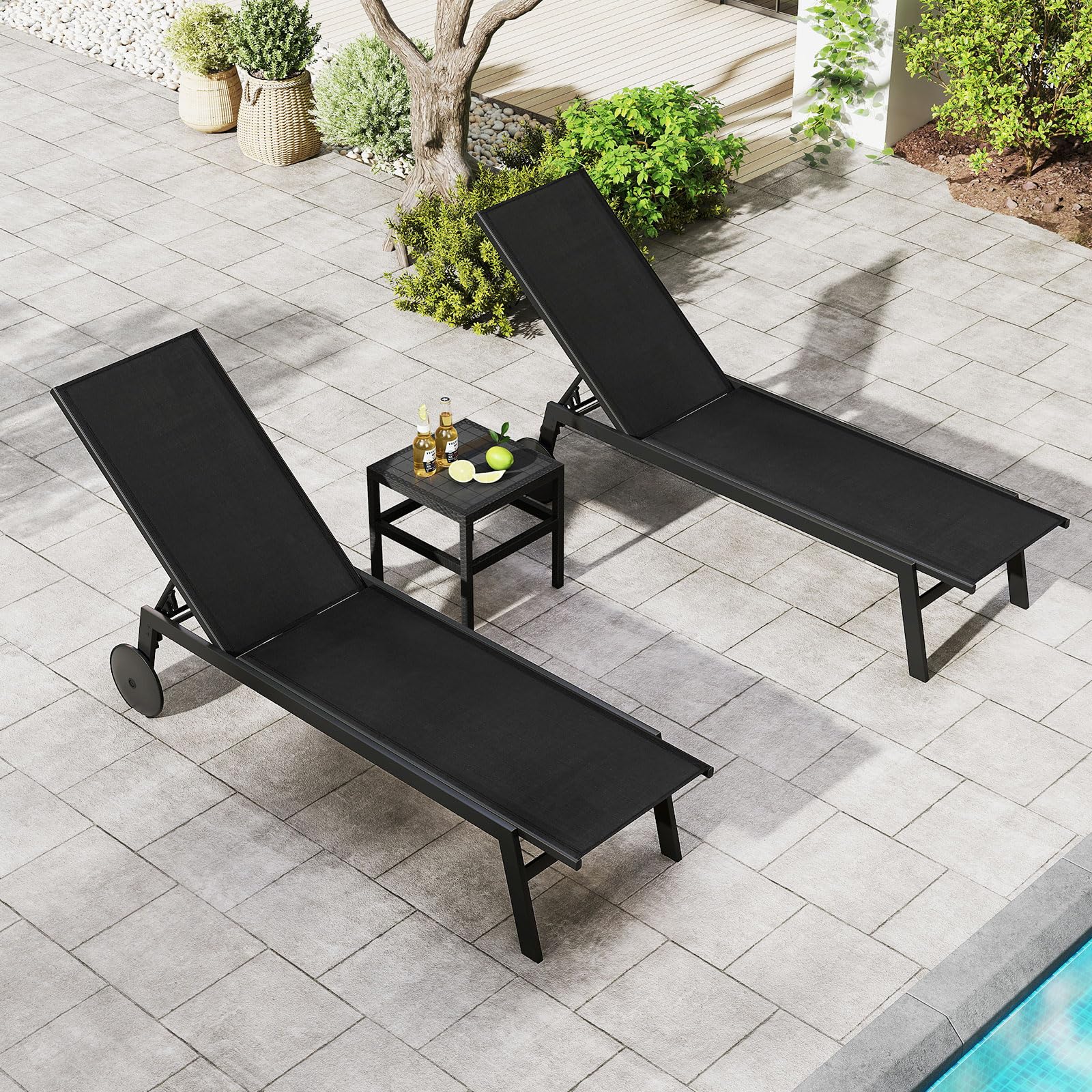 Tangkula Lounge Chair Outdoor with Wheels, Patio Chaise Lounge with 6-Level Adjustable Backrest(2,Black)