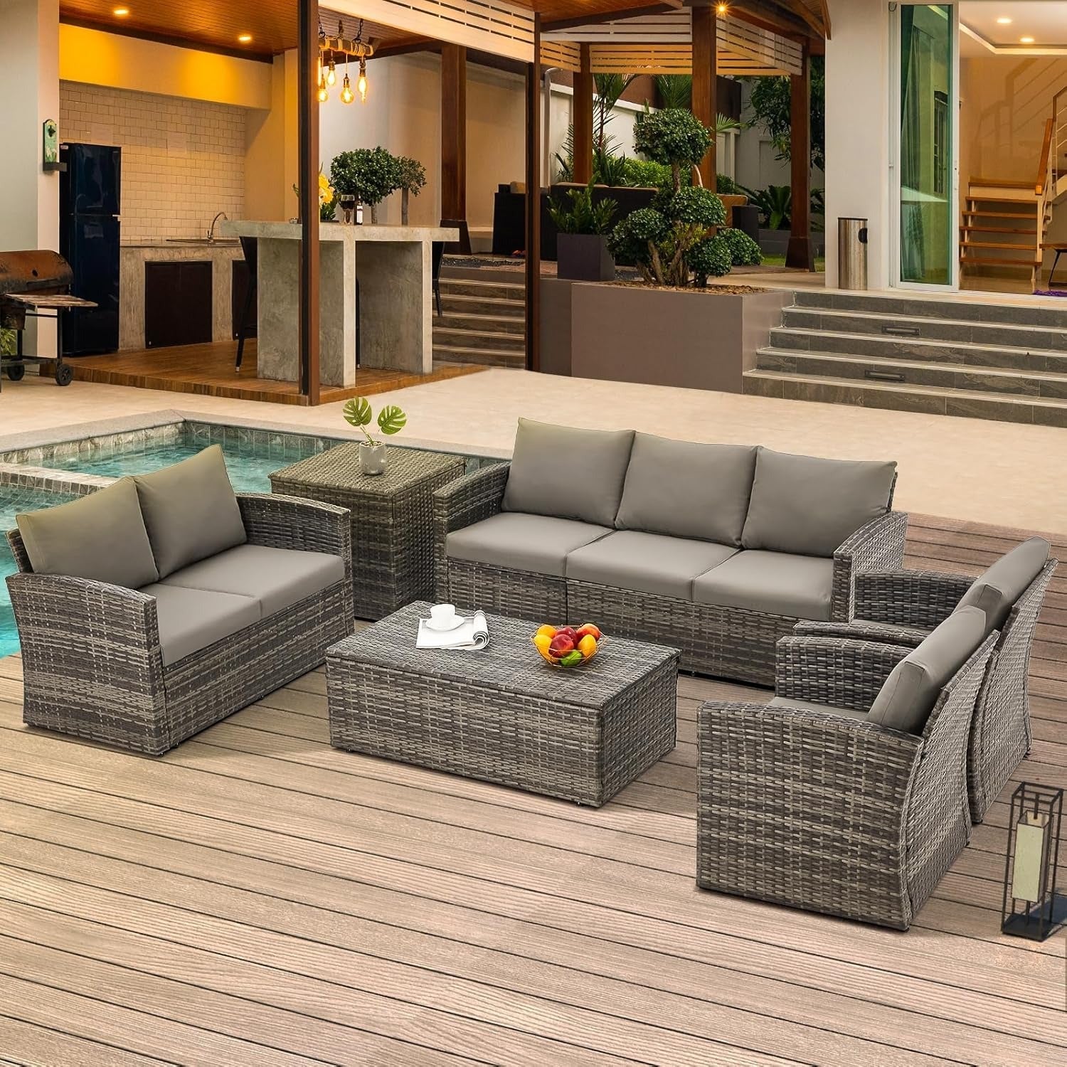 AECOJOY 7 PCS Outdoor Patio Furniture Sets with 2 Storage Boxes, Grey