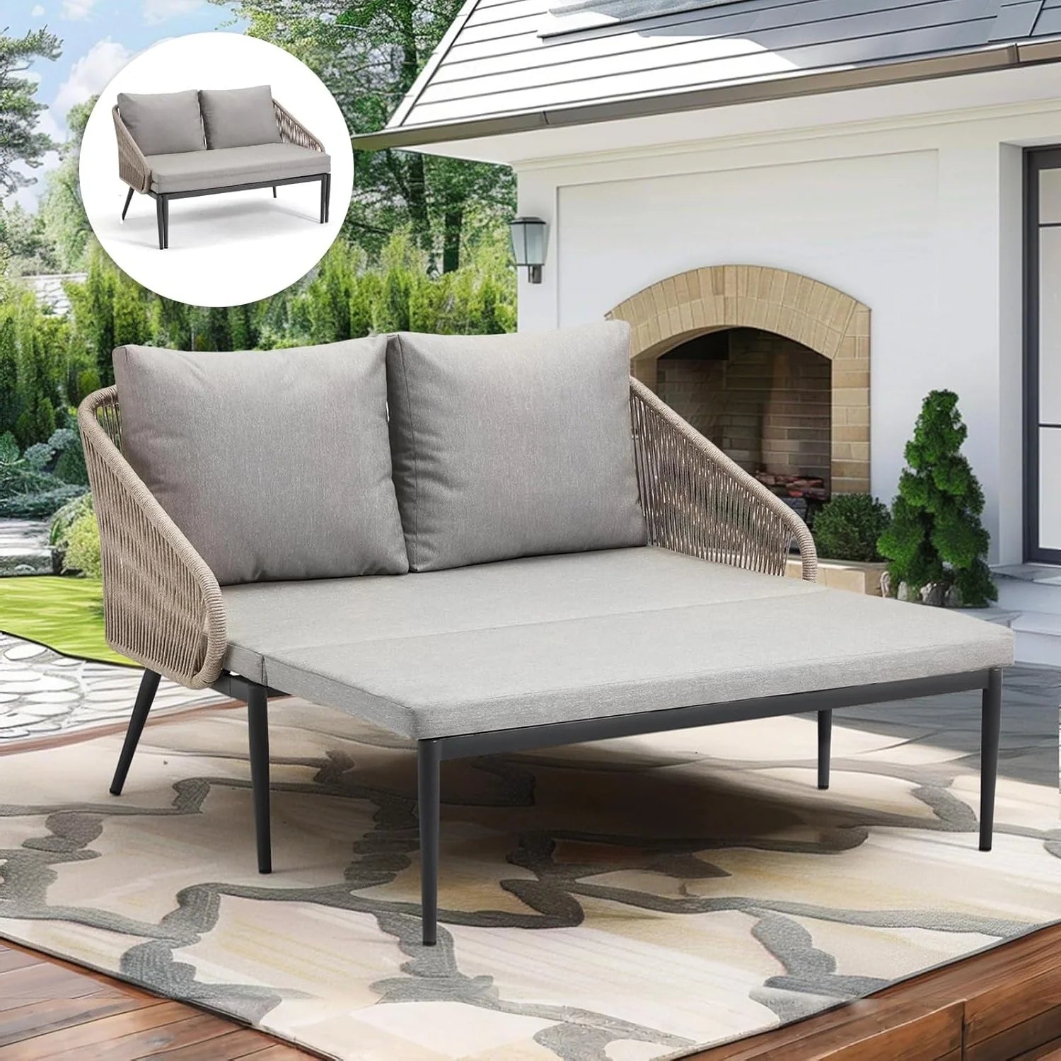 AECOJOY Outdoor Double Chaise Lounge Chair, Convertible Patio Loveseat Sofa Couch with Cushions